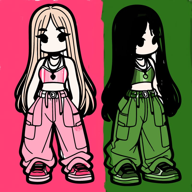 girl in baggy pants crop top and long hair