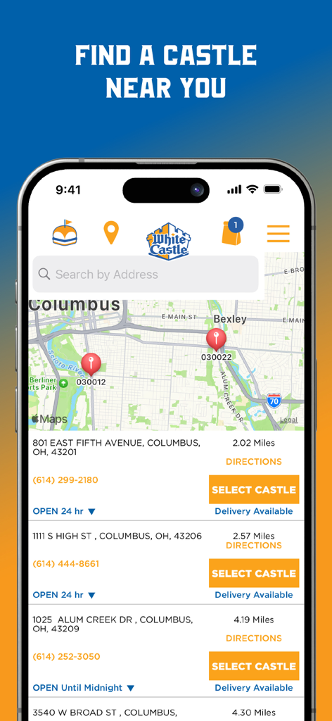 White Castle Online Ordering - Schermata della mappa delle sedi dei ristoranti White Castle sull'app, con indirizzi e orari a Columbus, Ohio
