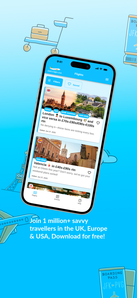 Aplicación móvil Jacks Flight Club mostrando ofertas de vuelos baratos a Londres y Valencia