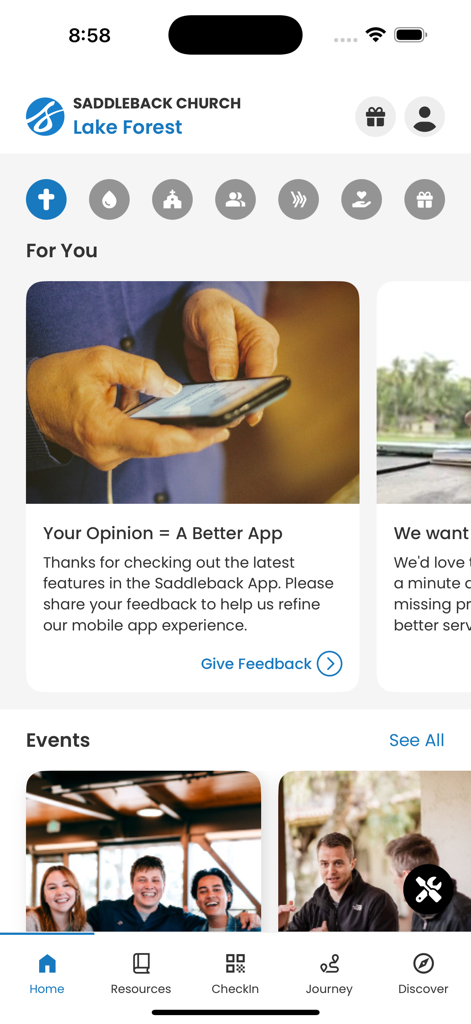Saddleback App - The home screen of the Saddleback Church mobile app featuring personalized content and upcoming events