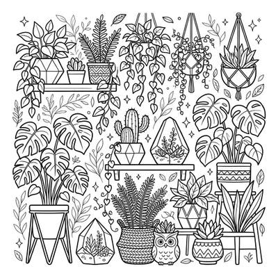 Immerse yourself in a botanical paradise with this charming coloring page, overflowing with an array of popular indoor plants and stylish decorative planters. It's the perfect creative escape for plant lovers and coloring enthusiasts alike.