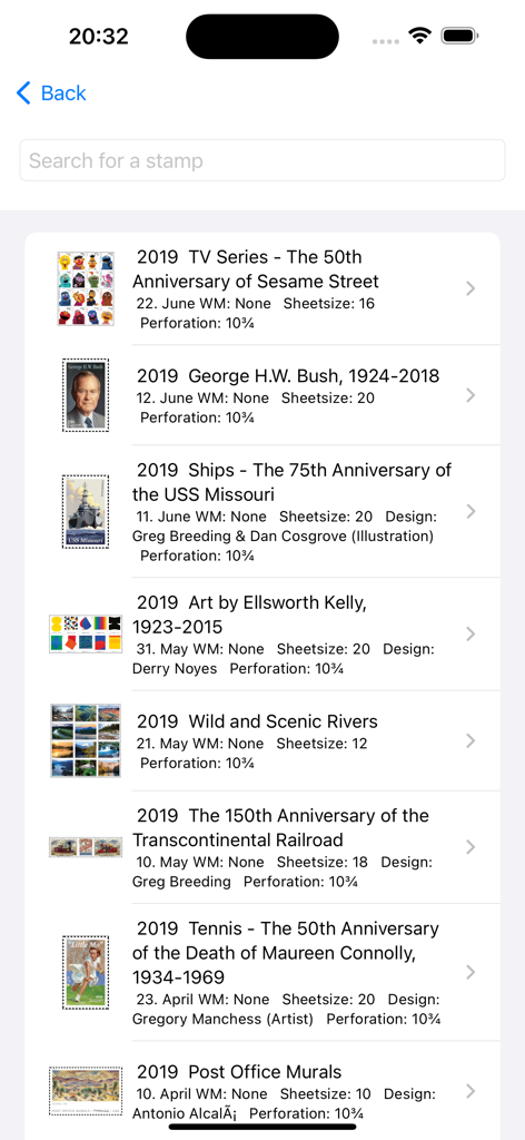 Stamp Collector: World Catalog - A list of postage stamps from 2019 in the stamp collector app world catalog