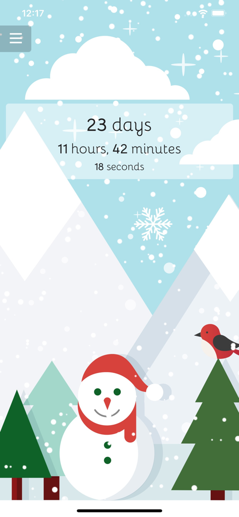 Christmas Countdown (2026) - Christmas countdown timer with a snowman and snowy mountains illustration