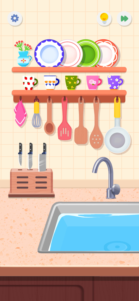 SatisPuzzle: Perfect Tidy - Uma cozinha perfeitamente organizada com pratos, canecas e utensílios em SatisPuzzle