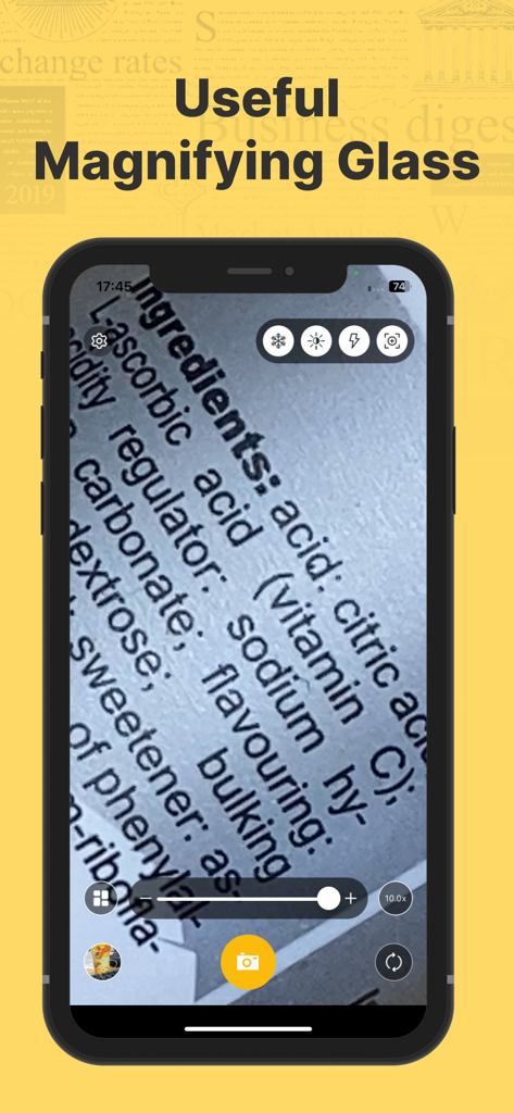 Magnifying Glass (Magnifier) - Interfaz de la aplicación Lupa que muestra un zoom 10x en texto pequeño de ingredientes para facilitar la lectura