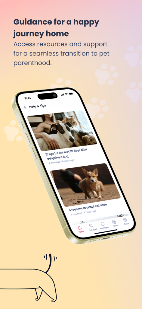 Furever - Interfaz de la aplicación Furever que muestra artículos de ayuda y consejos para la adopción de mascotas y orientación para dueños de mascotas en un smartphone.