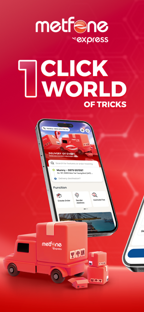 Metfone Express - Metfone Express app promotional screen featuring a delivery truck and mobile interface for shipping management