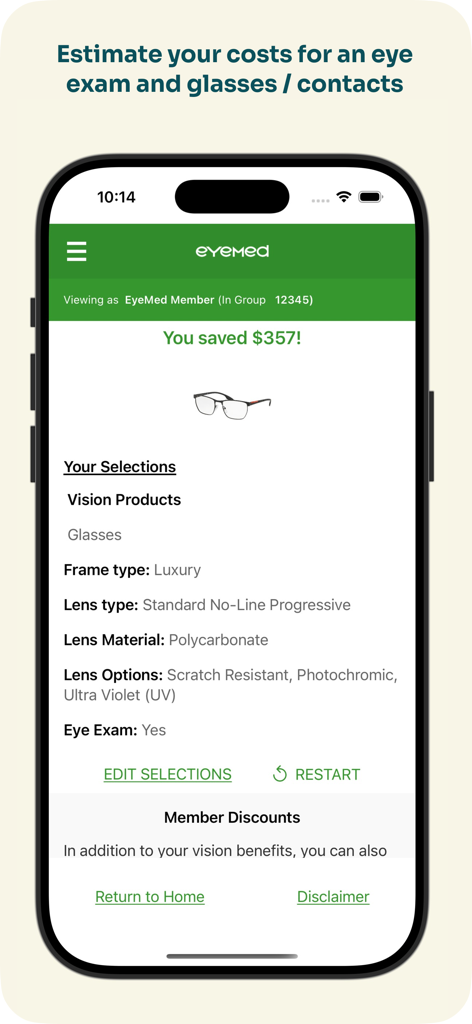 EyeMed - EyeMed mobile app cost estimator screen showing member savings and vision product selections like glasses and eye exams