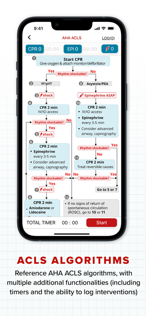 AHA ACLS - La aplicación AHA ACLS que muestra algoritmos avanzados de soporte vital cardíaco y temporizadores de tratamiento.