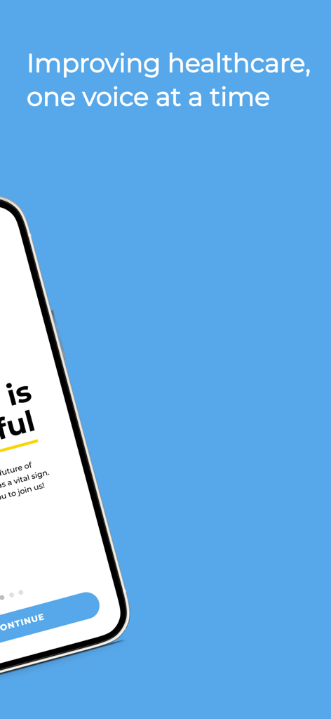 Canary Speech app introduction screen with the tagline Improving healthcare one voice at a time