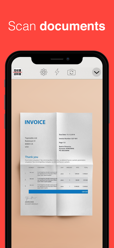 Una schermata dell'iPhone che mostra l'app QR Reader mentre scansiona una fattura cartacea