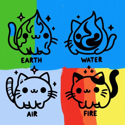 4 cats that represent the different elements, earth, water, air, and fire