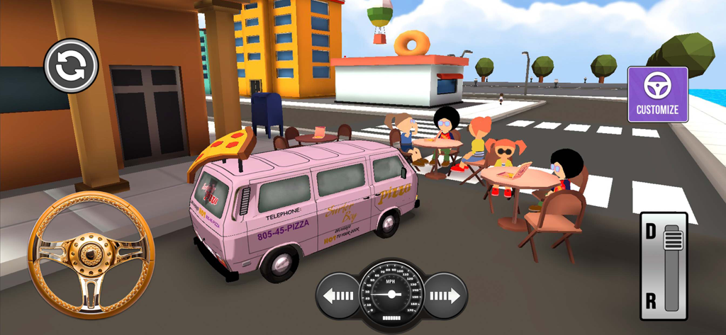 Vehicle Pro Speed Master Champ - A pink pizza delivery van in a 3D city environment with driving simulator controls