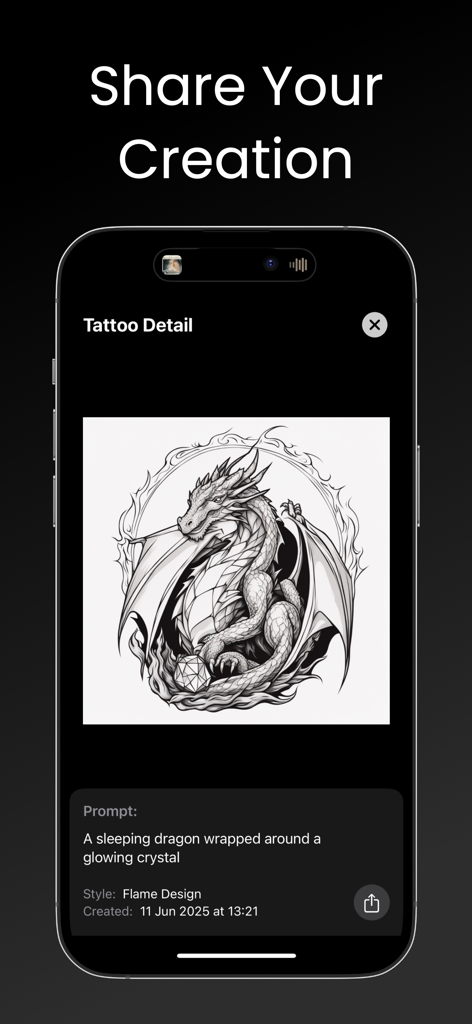 Tattoo Generator AI - Tattwist - A detailed AI generated dragon tattoo design displayed on the Tattwist app interface