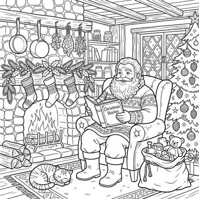 Step into a world of cozy charm with this delightful Santa Claus coloring page, featuring the beloved figure in a rustic cottagecore Christmas setting. This intricate design invites you to bring warmth and wonder to a festive scene filled with comfort and joy.