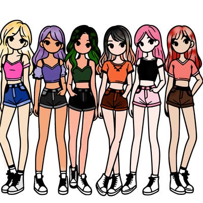 a group of girls wearing crop tops and shorts