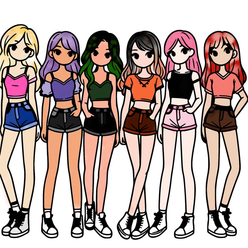 a group of girls wearing crop tops and shorts