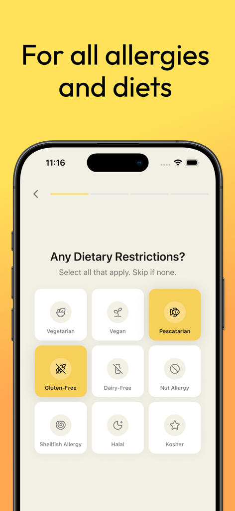 A mobile app screen titled For all allergies and diets showing various dietary restriction options like Vegan, Gluten-Free, and Halal in the Dashi AI Recipes app.