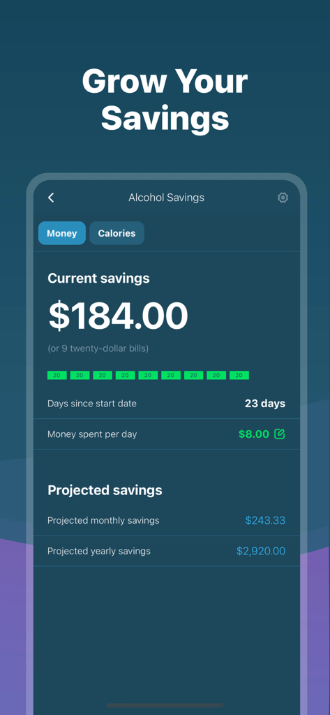 I Am Sober app interface showing a sobriety calculator for money saved from alcohol with projected yearly savings.