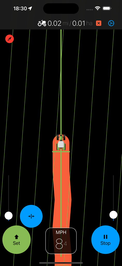 Agro Navigation - Agro Navigation app interface showing a tractor icon following parallel green lines in a field with an orange coverage path.