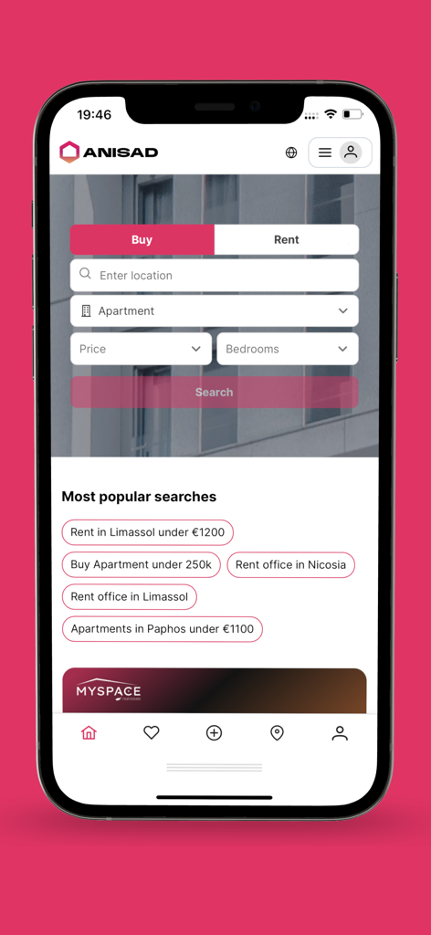 ANISAD - Ecrã da aplicação móvel ANISAD mostrando filtros de pesquisa imobiliária e pesquisas populares no Chipre