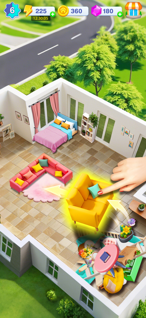 Gameplay showing a player placing a yellow chair in a modern living room for a home makeover