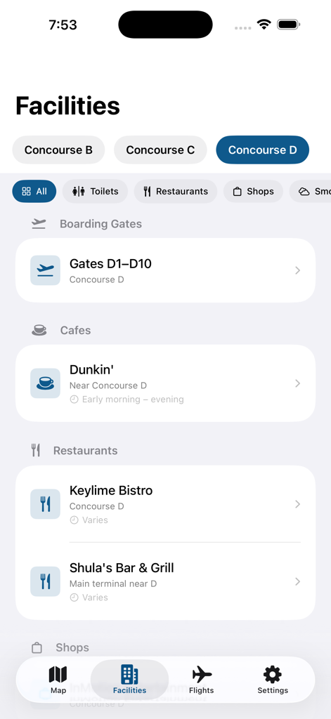 SW Florida RSW Airport - SW Florida RSW Airport app showing facilities in Concourse D including gates cafes and restaurants.