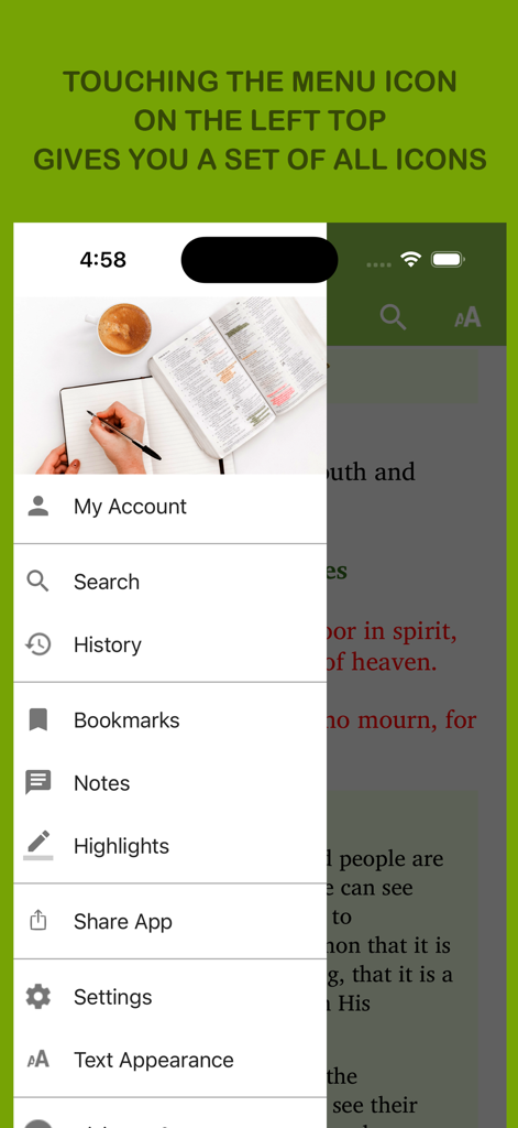 Sidebar navigation drawer of The Pastors Study Bible app featuring menu options like Search, Bookmarks, Notes, and Settings.