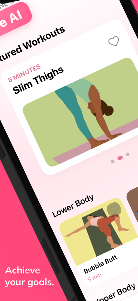 Mobile app interface of Tone AI showing pilates workout categories for slim thighs and bubble butt with illustrations