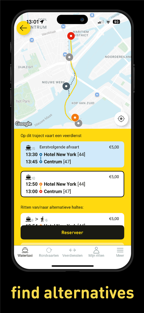 Watertaxi Rotterdam - Map view and travel options for water taxi routes in the Watertaxi Rotterdam app.