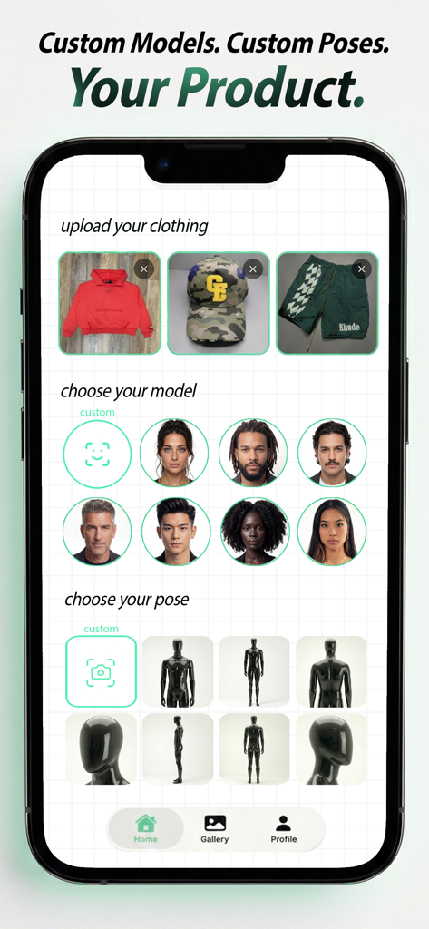 LayFlat - Interface of the LayFlat app showing steps to upload clothing and select from various AI models and mannequin poses for product images.