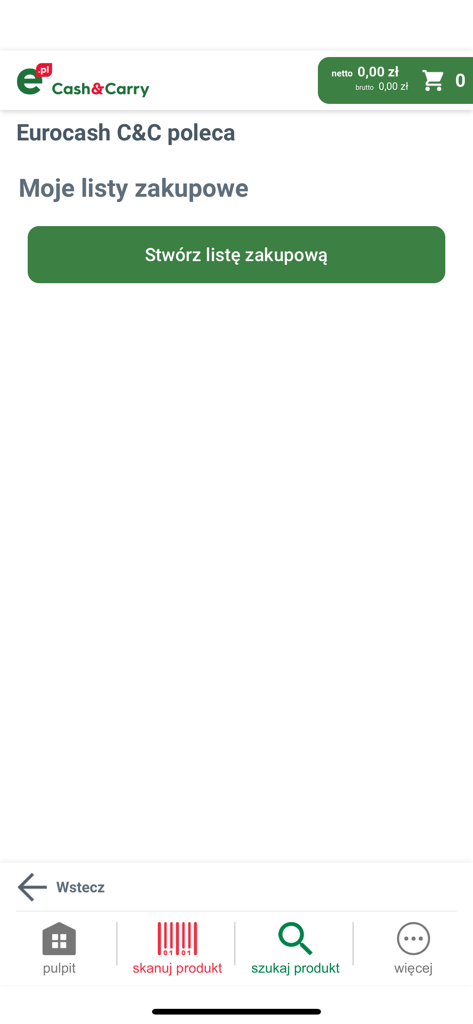 Eurocash Cash&Carry - Mobile Benutzeroberfläche der Eurocash Cash and Carry App, die den Abschnitt 'Meine Einkaufslisten' mit einem grünen Button zum Erstellen einer neuen Liste anzeigt.