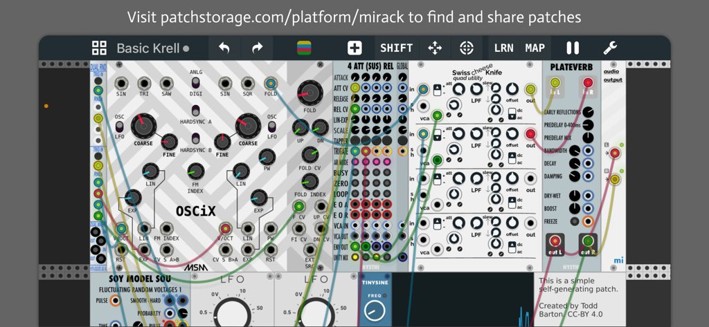 Interface of miRack modular synthesizer showing a complex patch with multiple modules and virtual cables