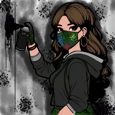 realistic girl with mask spray painting a wall