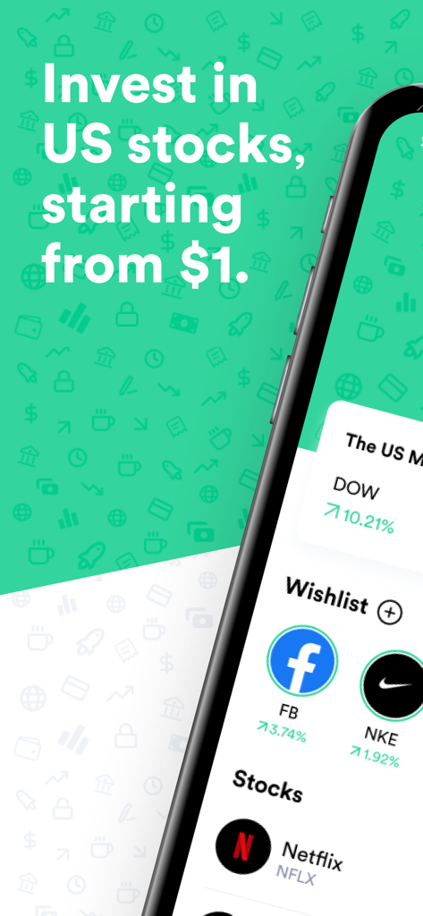 Gotrade - Invest in US stocks - Gotradeモバイルアプリのインターフェース。1ドルから始まる米国株投資を表示。