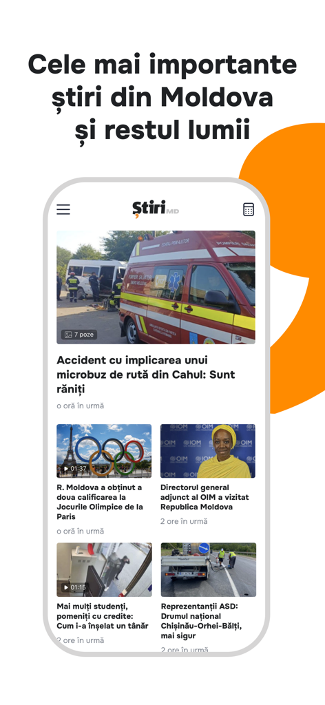 Stiri.md - Știri din Moldova - Stiri.md mobile app interface showing latest news headlines from Moldova in Romanian