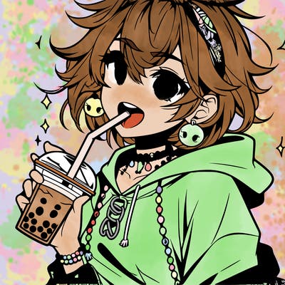 hot baddie anime girl drinking boba and biting the straw