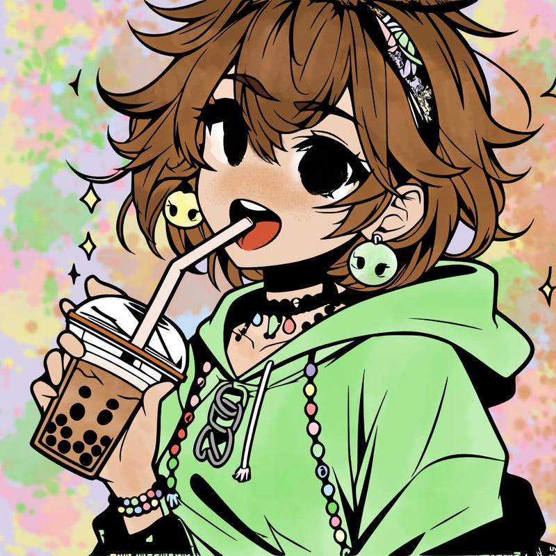 hot baddie anime girl drinking boba and biting the straw