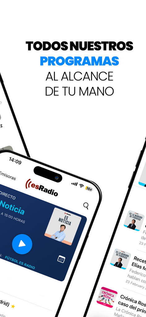 Tela do smartphone mostrando o aplicativo esRadio com notícias ao vivo e opções de podcast