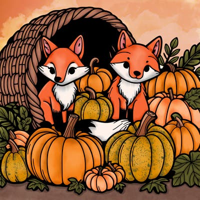 cornucopia full of foxes and pumpkins