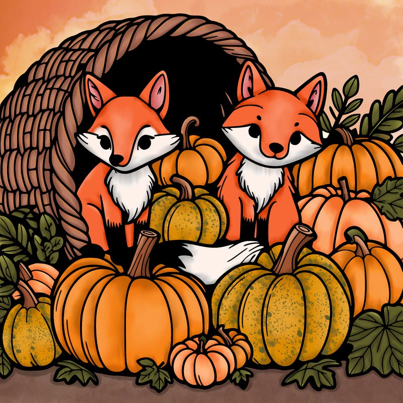 cornucopia full of foxes and pumpkins