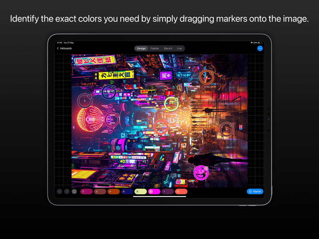 디지털 이미지에서 물리적 잉크 색조로 색상을 식별하고 매칭하는 방법을 보여주는 타투 아티스트 앱입니다.