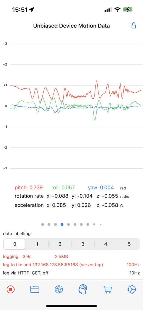 SensorLog - SensorLog interface displaying unbiased device motion data with real-time graphs for pitch roll and yaw