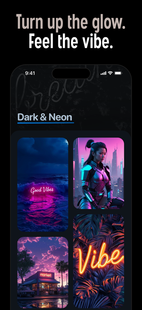 Pixs: Wallpapers & Backgrounds - Pixs app interface displaying a collection of dark and neon aesthetic wallpapers for iPhone