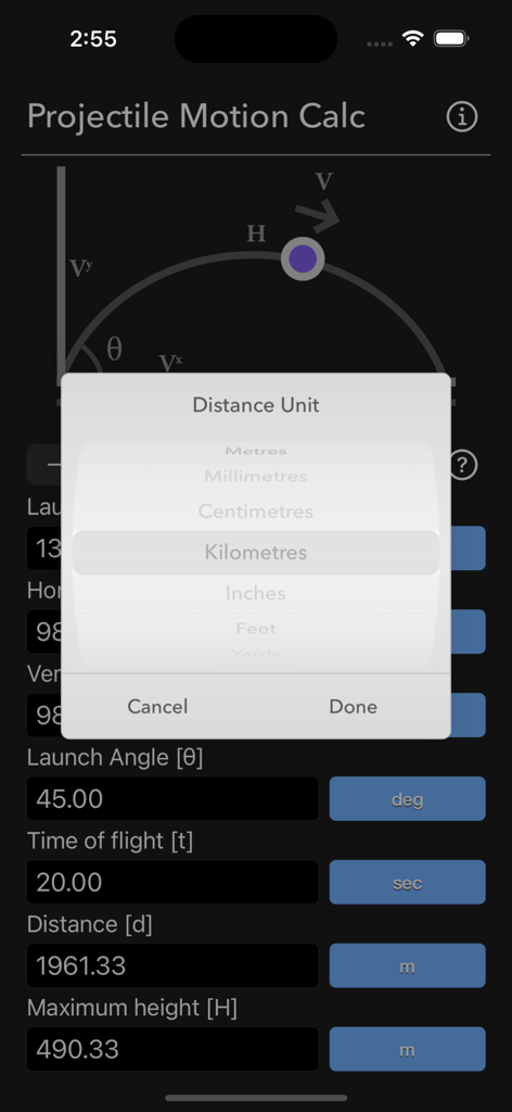 Projectile Motion Calc - Projectile Motion Calc app displaying a distance unit selection picker with options like kilometres and metres