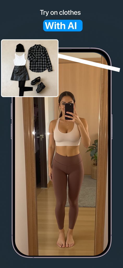 A woman using the Outfit Maker app to virtually try on clothes with AI technology