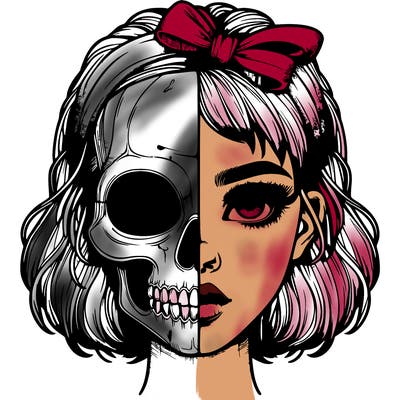realistic girl with half skull mask