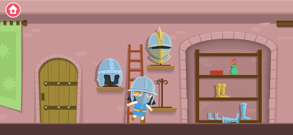 Un personaggio del Piccolo Principe in versione cartone animato che prova un grande elmo da cavaliere in una stanza delle armature del castello con scaffali e una scala.