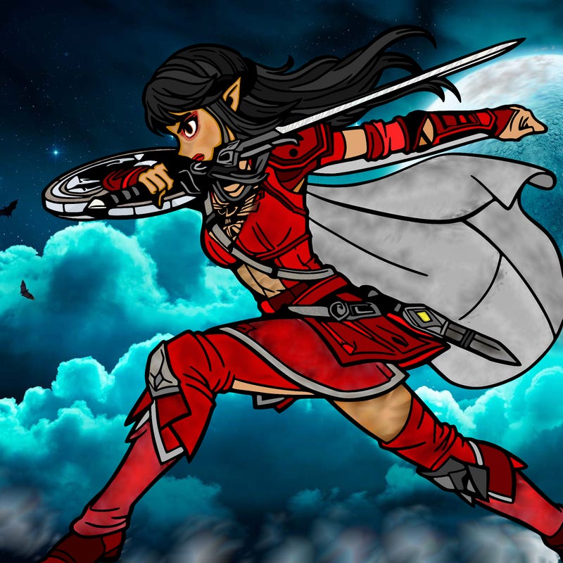 female warrior in dynamic action pose