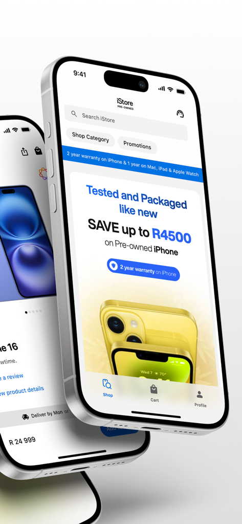 iStore Pre-owned - iStore Pre-owned mobile app interface displaying certified refurbished iPhone deals and warranty information